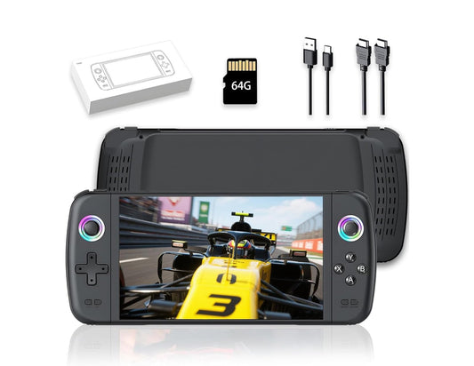 SJGAM M27 retro handheld gaming console black with 7-inch IPS screen and dual joysticks.