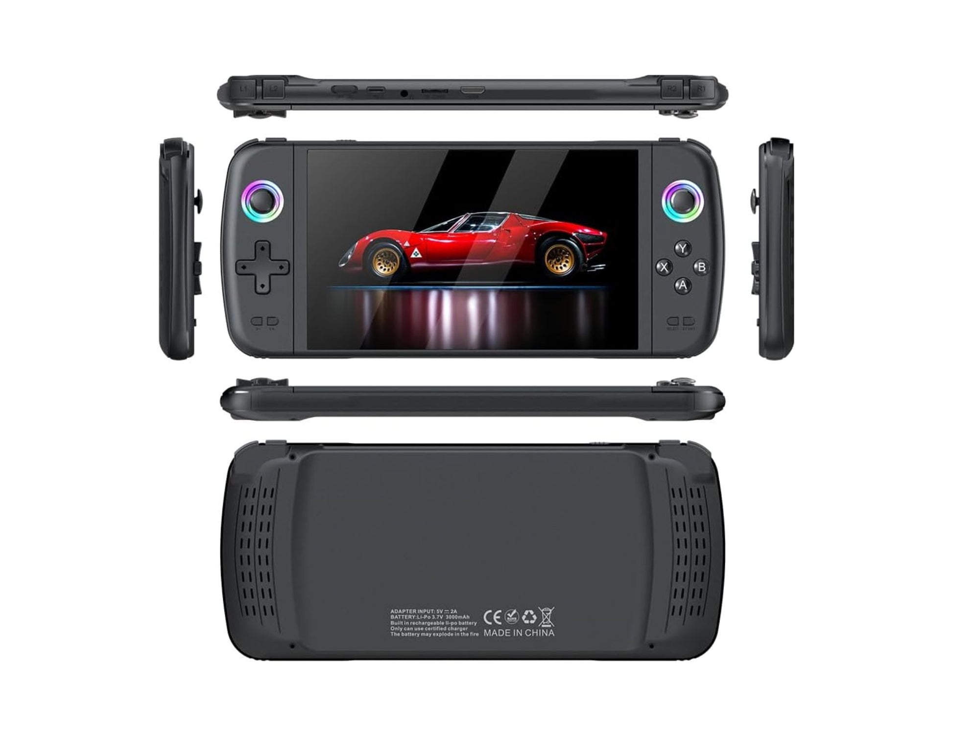 SJGAM M27 retro handheld gaming console black with 7-inch IPS screen and dual joysticks.