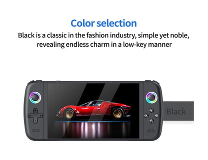 SJGAM M27 retro handheld gaming console black with 7-inch IPS screen and dual joysticks.