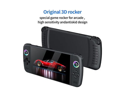 SJGAM M27 retro handheld gaming console black with 7-inch IPS screen and dual joysticks.