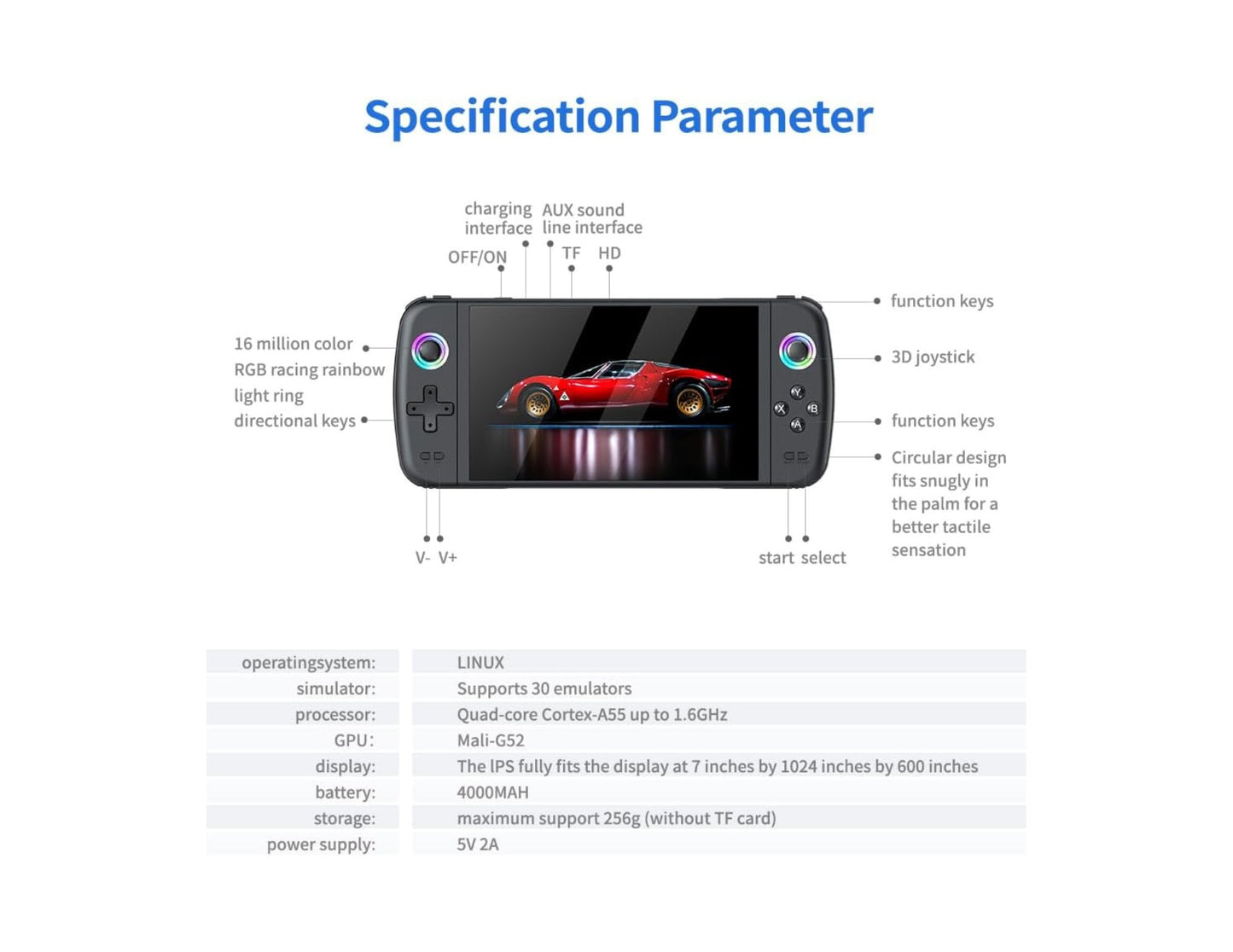 SJGAM M27 retro handheld gaming console black with 7-inch IPS screen and dual joysticks.