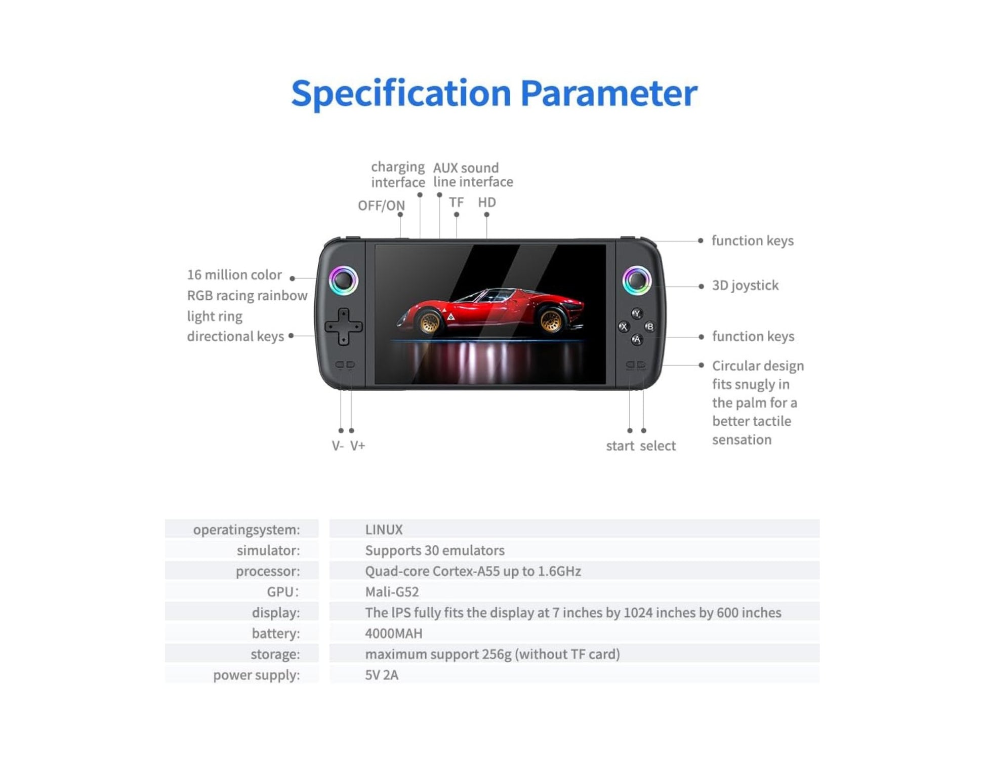 SJGAM M27 retro handheld gaming console black with 7-inch IPS screen and dual joysticks.