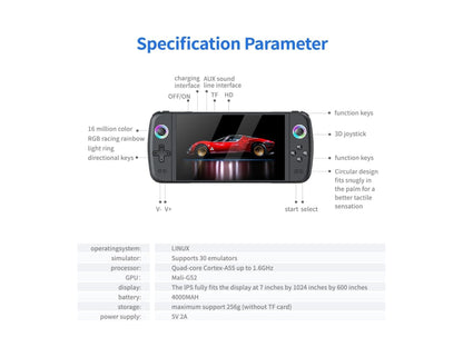 SJGAM M27 retro handheld gaming console black with 7-inch IPS screen and dual joysticks.