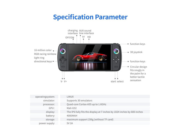 SJGAM M27 retro handheld gaming console black with 7-inch IPS screen and dual joysticks.