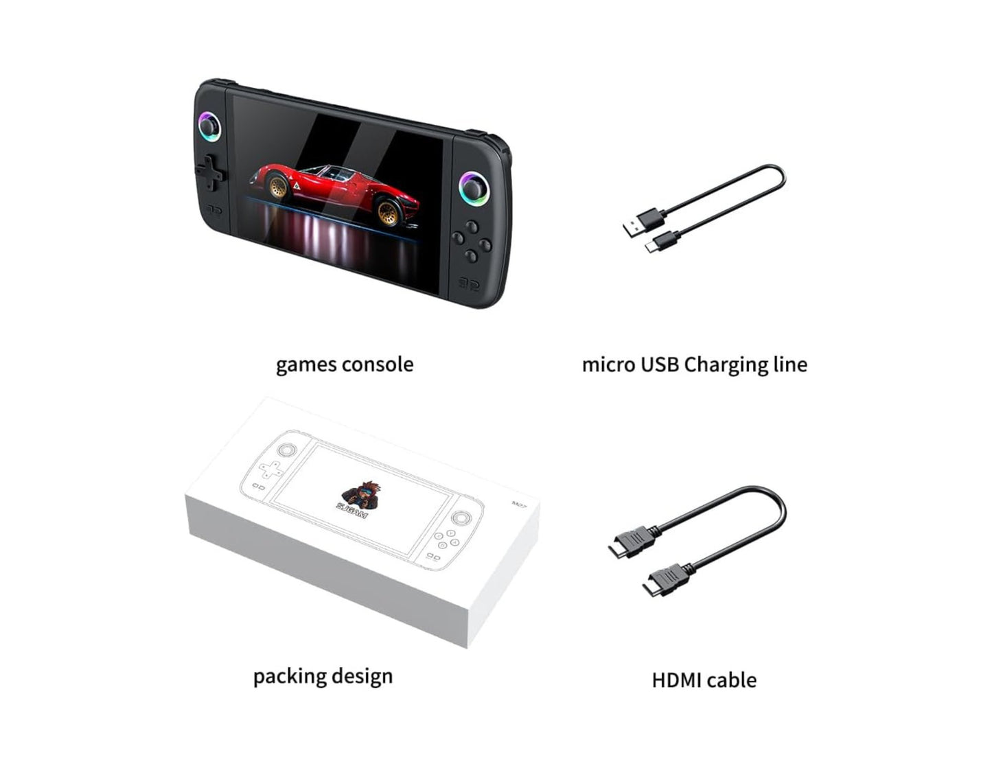 SJGAM M27 retro handheld gaming console black with 7-inch IPS screen and dual joysticks.
