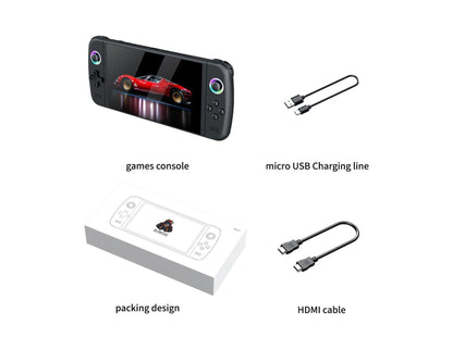 SJGAM M27 retro handheld gaming console black with 7-inch IPS screen and dual joysticks.