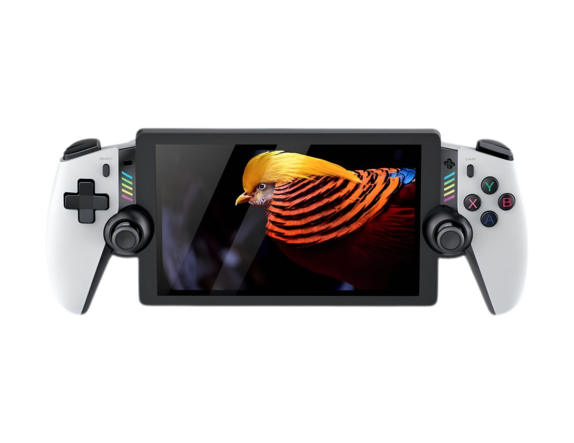 SJGAM M28 retro handheld game console white with 7-inch display and USB-C charging.