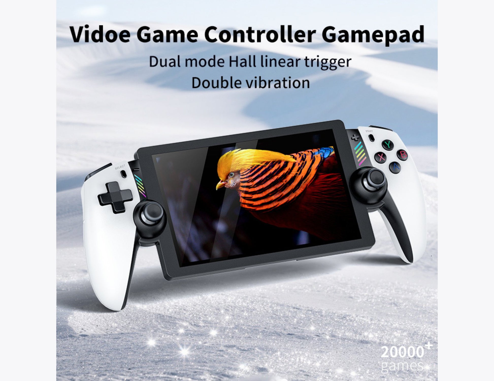 SJGAM M28 retro handheld game console white with 7-inch display and USB-C charging.