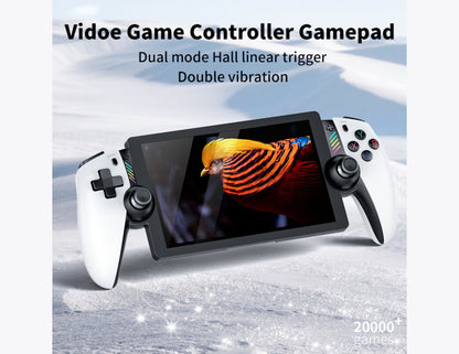 SJGAM M28 retro handheld game console white with 7-inch display and USB-C charging.