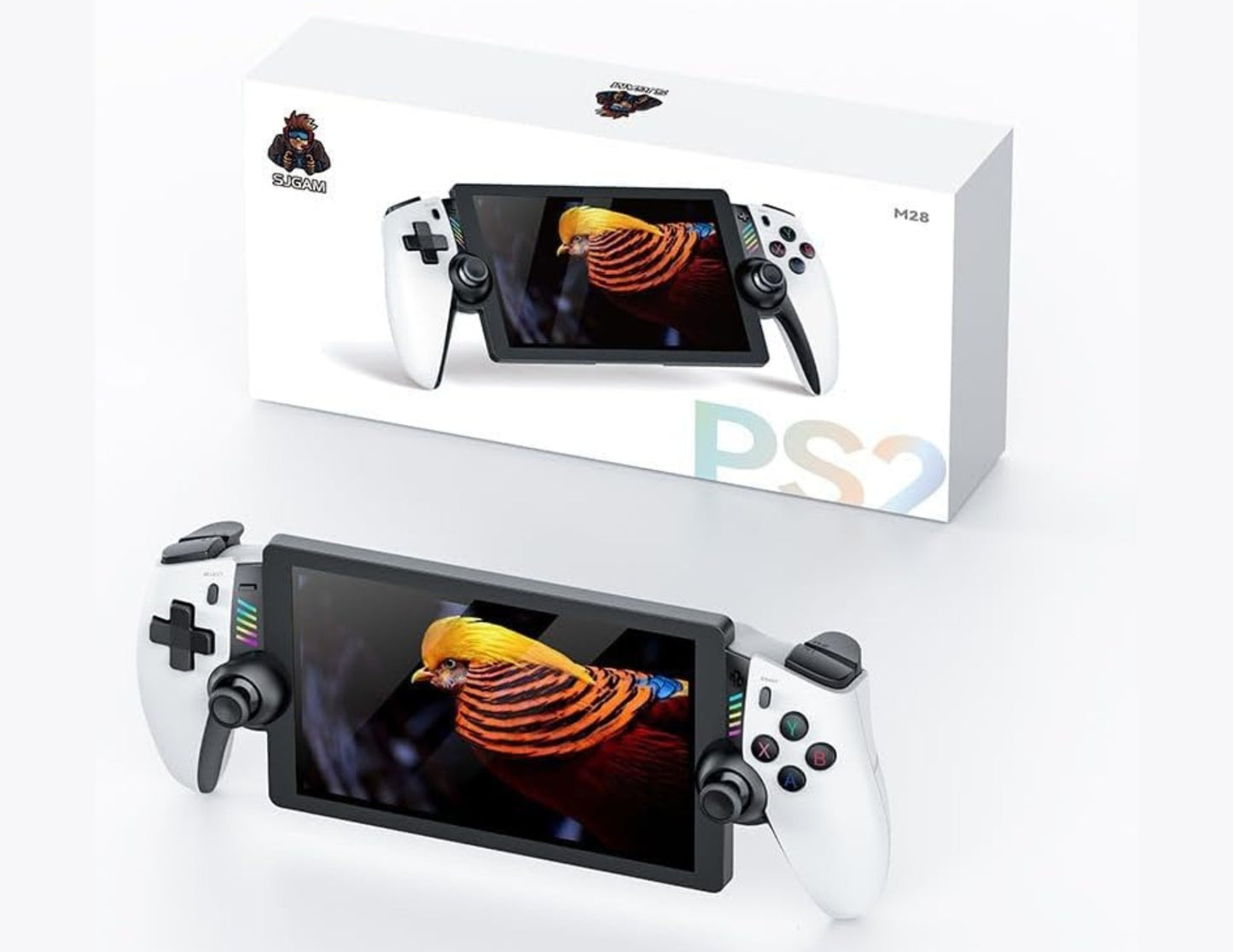 SJGAM M28 retro handheld game console white with 7-inch display and USB-C charging.