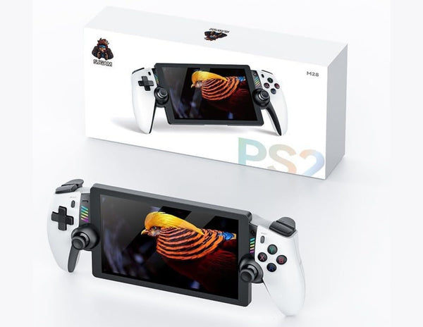 SJGAM M28 retro handheld game console white with 7-inch display and USB-C charging.