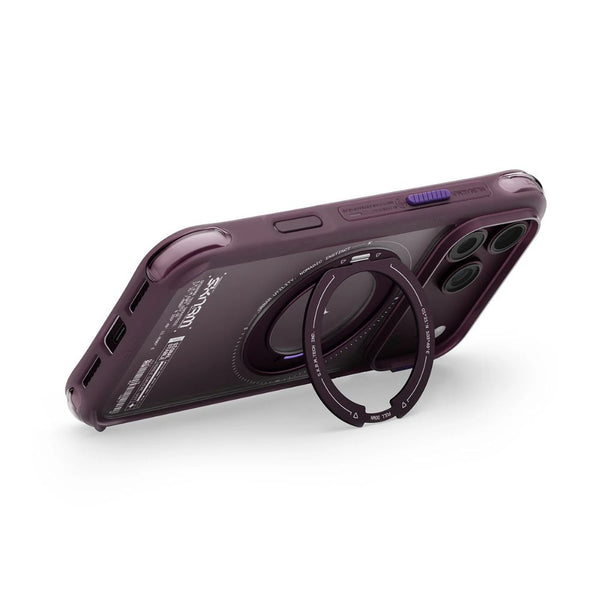 Skinarma Atlas Burgundy protective case for iPhone 18 Pro with 360° rotating aluminium kickstand and DRIFT-NODE™ corner protection in Qatar