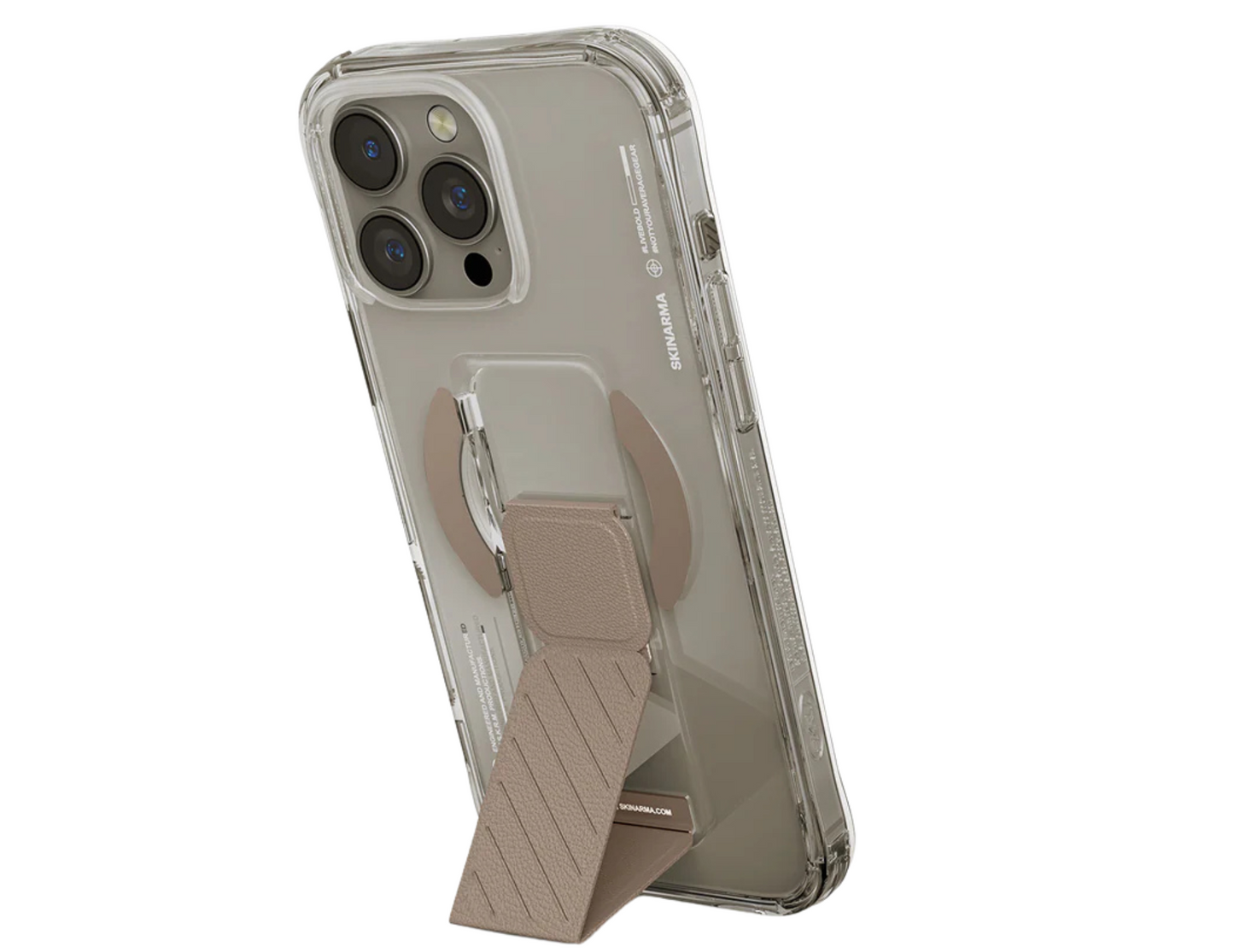 Skinarma AXON Case Gold extended grip-stand for hands-free viewing.