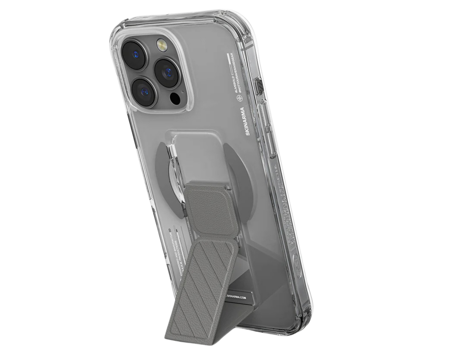 Skinarma AXON Case Titanium extended grip-stand for hands-free viewing.