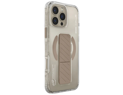 Skinarma AXON Mag-Charge Gold Case on iPhone 16 Pro Max with semi-clear design.