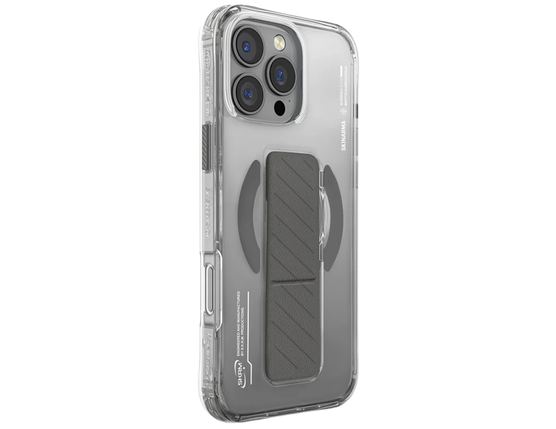 Skinarma AXON Mag-Charge Titanium Case on iPhone 16 Pro Max with semi-clear design.