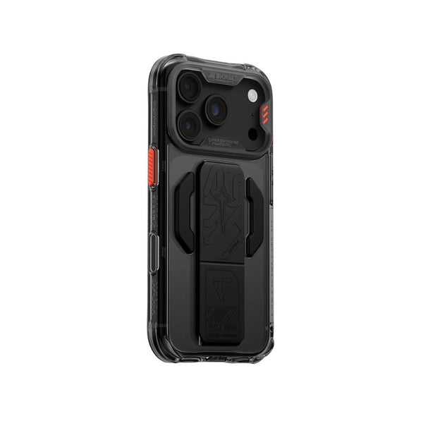 SkinArma Helio CE Gray case for iPhone 18 Pro with detachable silicone grip-stand and 8-ft drop protection in Qatar