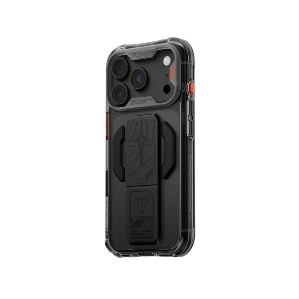 SkinArma Helio CE Gray case for iPhone 18 Pro with detachable silicone grip-stand and 8-ft drop protection in Qatar