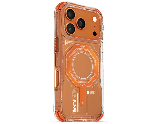 Skinarma Magma airbag case for iPhone 17 Pro/Pro Max, futuristic clear shockproof cover, reinforced airbag bumpers, M-Safe magnetic charging, aluminum buttons, at Thabthaba Store Qatar