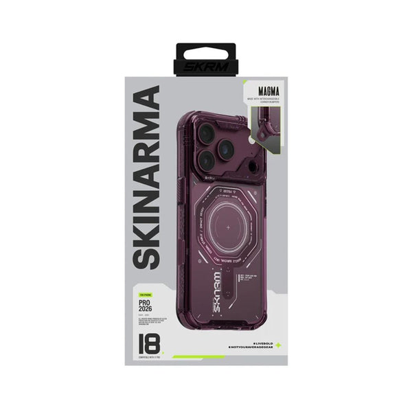 SkinArma Magma Case for iPhone 18 Pro with dual magnetic rings and aluminum buttons Burgundy Qatar