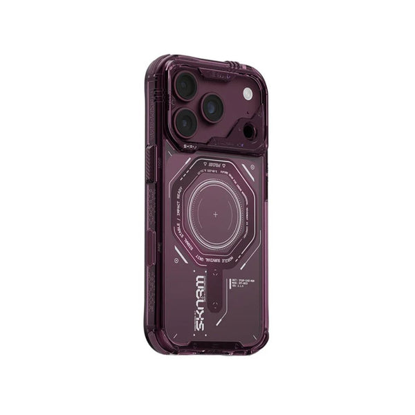 SkinArma Magma Case for iPhone 18 Pro Max with dual magnetic rings and aluminum buttons Burgundy Qatar