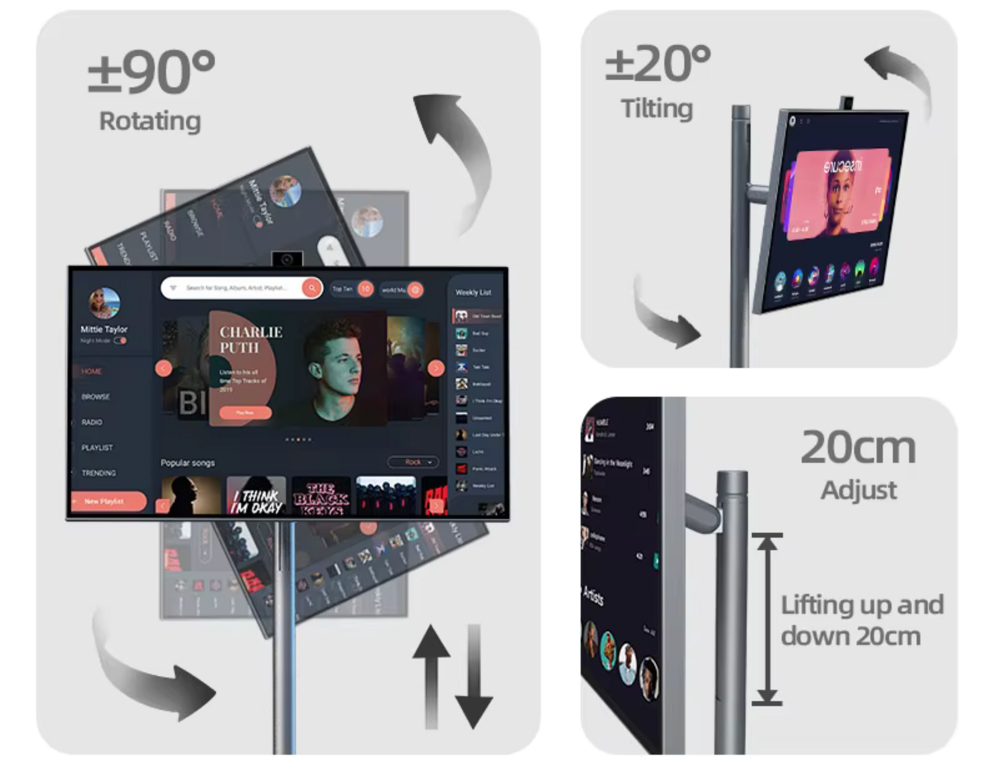 Rotatable and height-adjustable 27-inch smart display for flexible viewing.