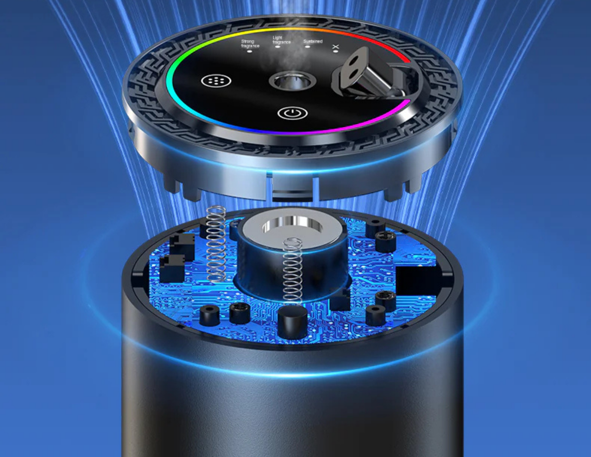 Close-up of the Sound Pickup Dual Color Starry Sky Aromatherapy Diffuser’s rotating LED lights.