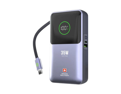 Swiss Military 10,000mAh Portable Power Bank with Integrated Retractable USB-C Cable 35W