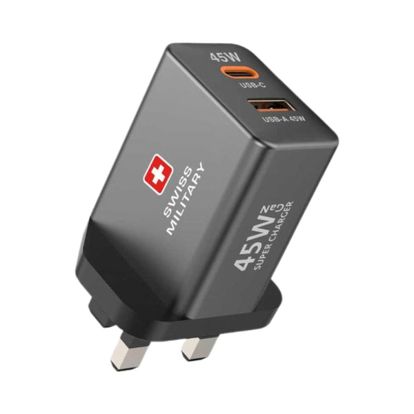 Swiss Military 45W GaN wall charger USB-C USB-A dual port Gray Qatar