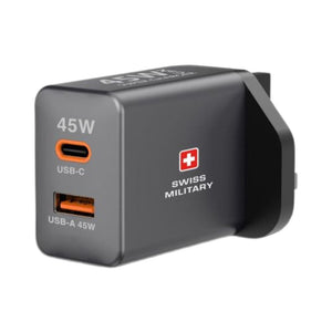 Swiss Military 45W GaN wall charger USB-C USB-A dual port Gray Qatar