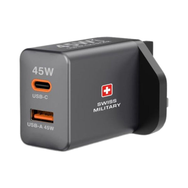 Swiss Military 45W GaN wall charger USB-C USB-A dual port Gray Qatar