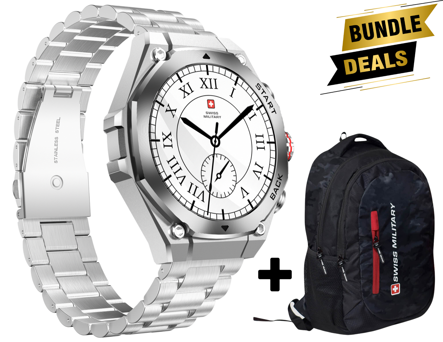 Swiss Military Dom 6  Silver Frame Silver Metal Strap Smartwatch SM-WCH-DOM6 series with Backpack LBP87 combo.