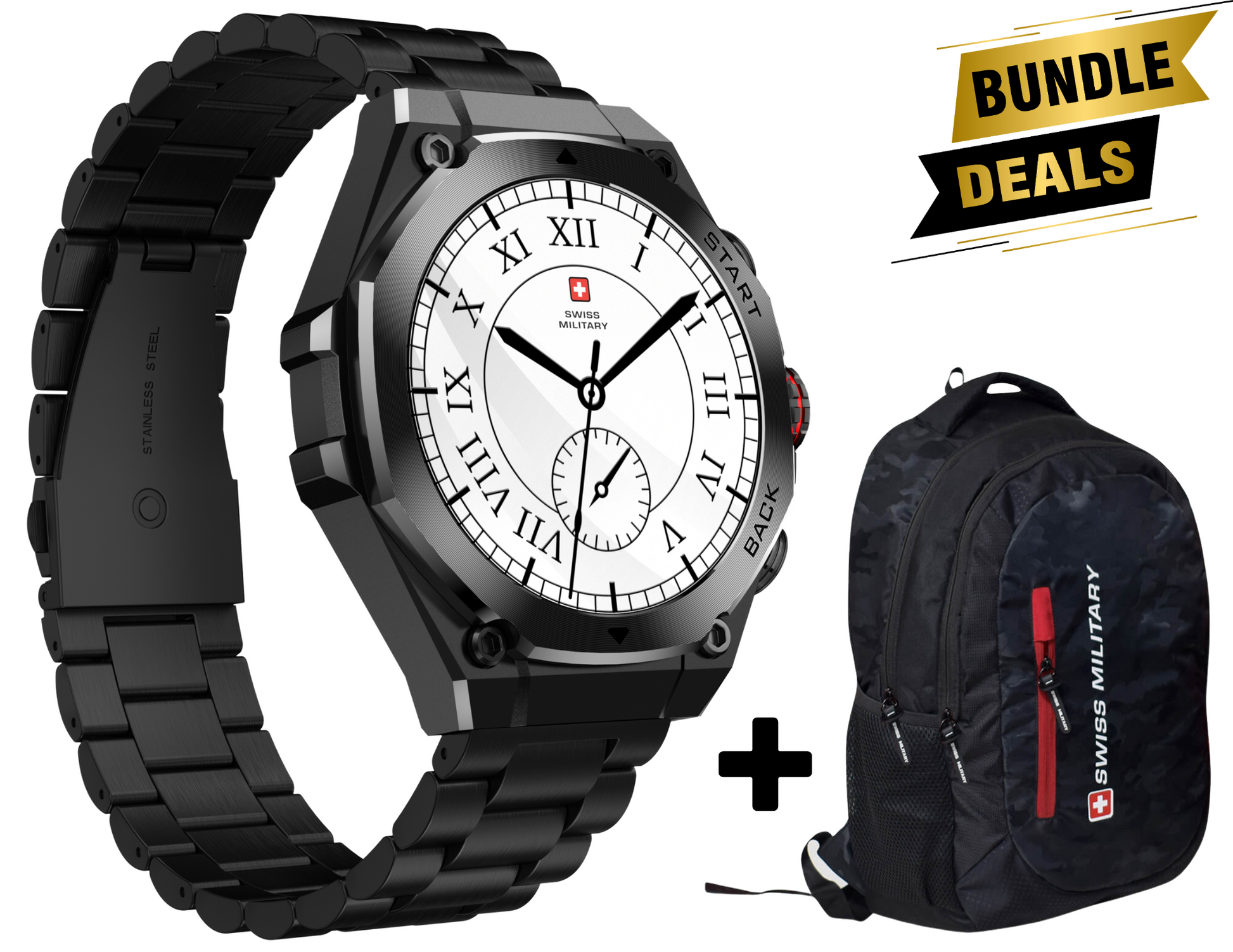 Swiss Military Dom 6  Black Frame Gun Metal Strap Smartwatch SM-WCH-DOM6 series with Backpack LBP87 combo.