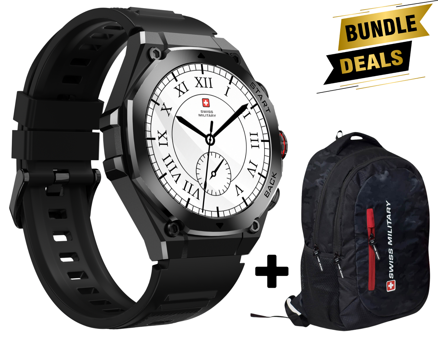 Swiss Military Dom 6 Black Frame Black Silicon Strap Smartwatch SM-WCH-DOM6 series with Backpack LBP87 combo.