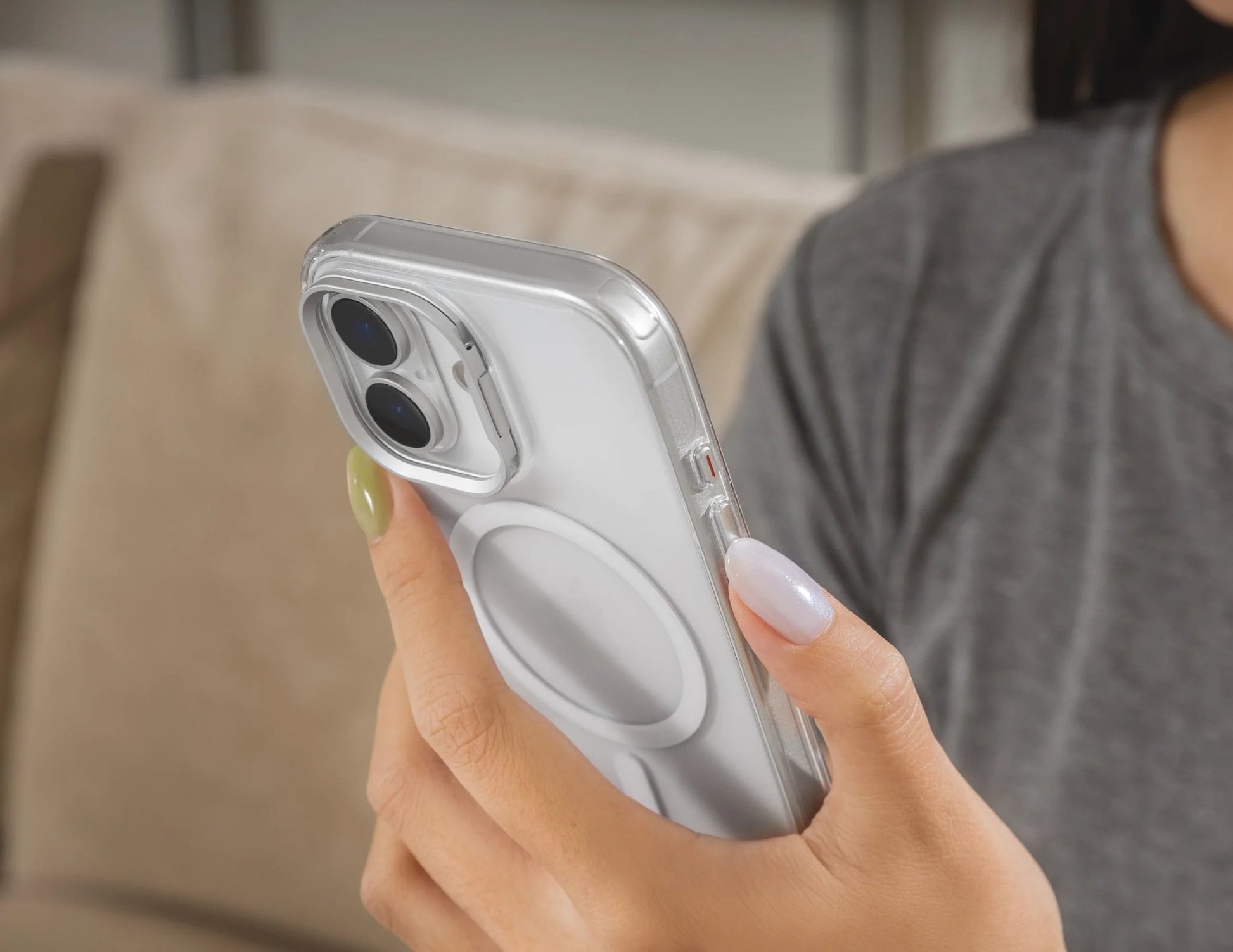 SwitchEasy LenStand M Protective Case for iPhone 17 and 17 Air, foldable stand, metal lens protection, 10ft drop tested, MagSafe compatible, silver color, at Thabthaba Store Qatar