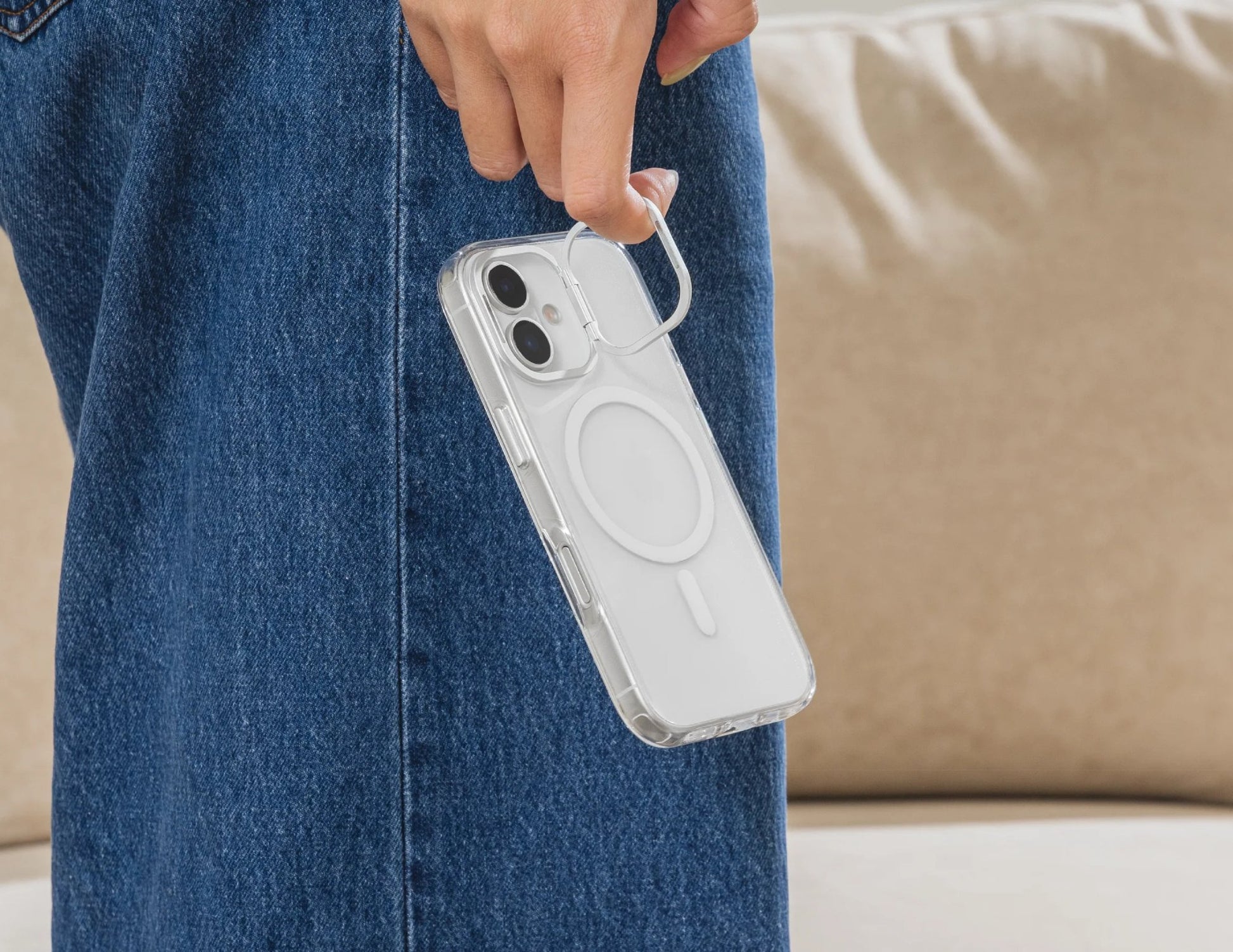 SwitchEasy LenStand M Protective Case for iPhone 17 and 17 Air, foldable stand, metal lens protection, 10ft drop tested, MagSafe compatible, silver color, at Thabthaba Store Qatar