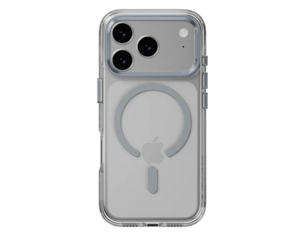 SwitchEasy LenStand M Protective Case for iPhone 17 Pro & Pro Max, foldable 60° stand, metal lens protection, 10-foot drop tested, MagSafe C-ring, silver, at Thabthaba Store Qatar