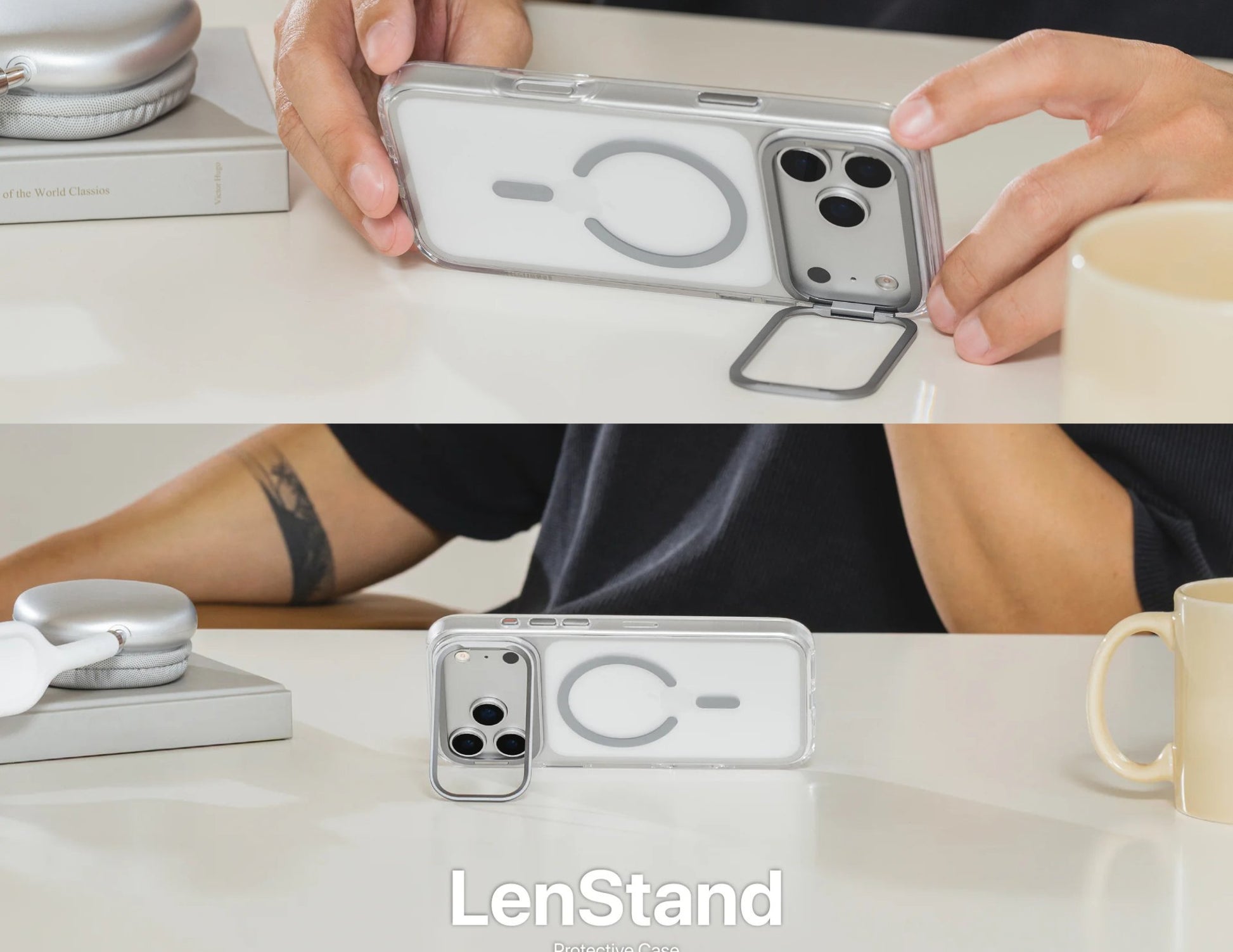 SwitchEasy LenStand M Protective Case for iPhone 17 Pro & Pro Max, foldable 60° stand, metal lens protection, 10-foot drop tested, MagSafe C-ring, silver, at Thabthaba Store Qatar