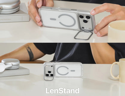 SwitchEasy LenStand M Protective Case for iPhone 17 Pro & Pro Max, foldable 60° stand, metal lens protection, 10-foot drop tested, MagSafe C-ring, silver, at Thabthaba Store Qatar