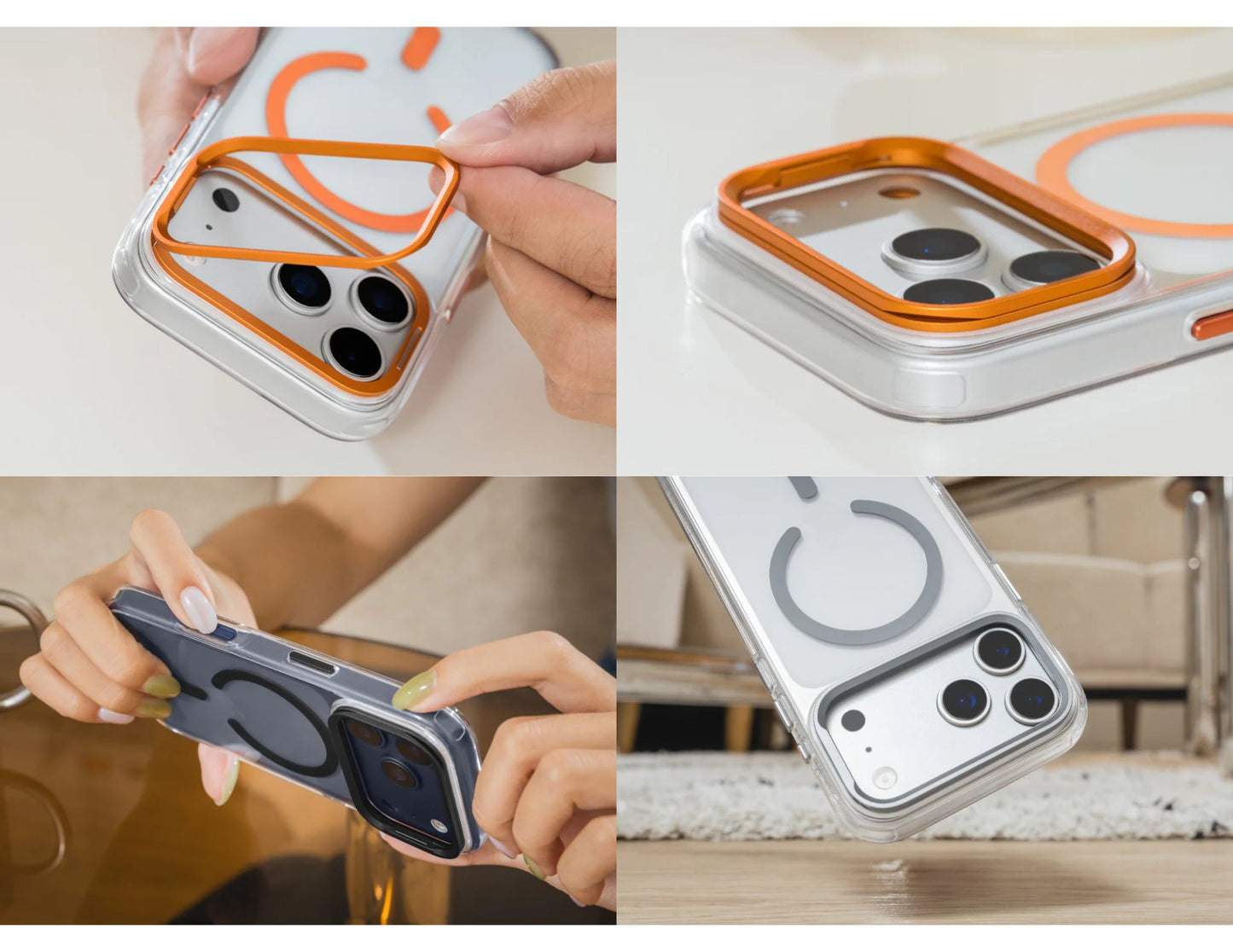 SwitchEasy LenStand M Protective Case for iPhone 17 Pro & Pro Max, foldable 60° stand, metal lens protection, 10-foot drop tested, MagSafe C-ring, silver, at Thabthaba Store Qatar