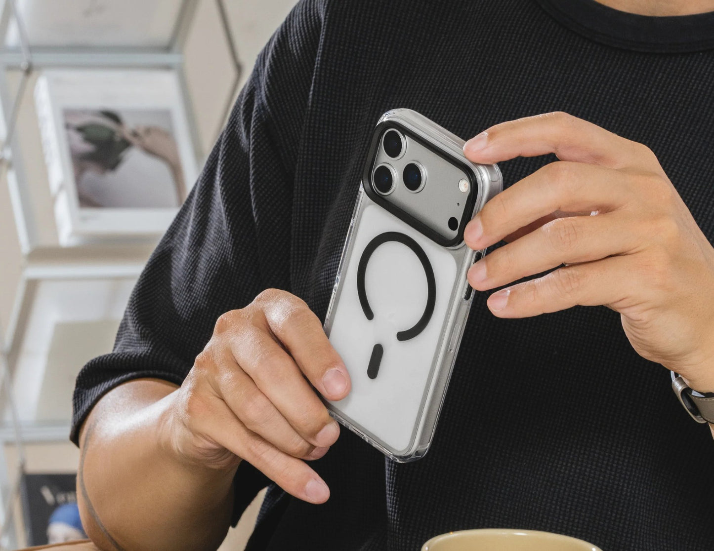 SwitchEasy LenStand M Protective Case for iPhone 17 Pro & Pro Max, foldable 60° stand, metal lens protection, 10-foot drop tested, MagSafe C-ring, silver, at Thabthaba Store Qatar