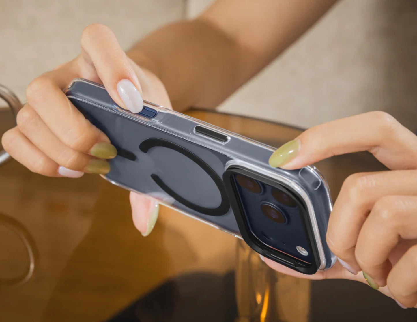 SwitchEasy LenStand M Protective Case for iPhone 17 Pro & Pro Max, foldable 60° stand, metal lens protection, 10-foot drop tested, MagSafe C-ring, silver, at Thabthaba Store Qatar