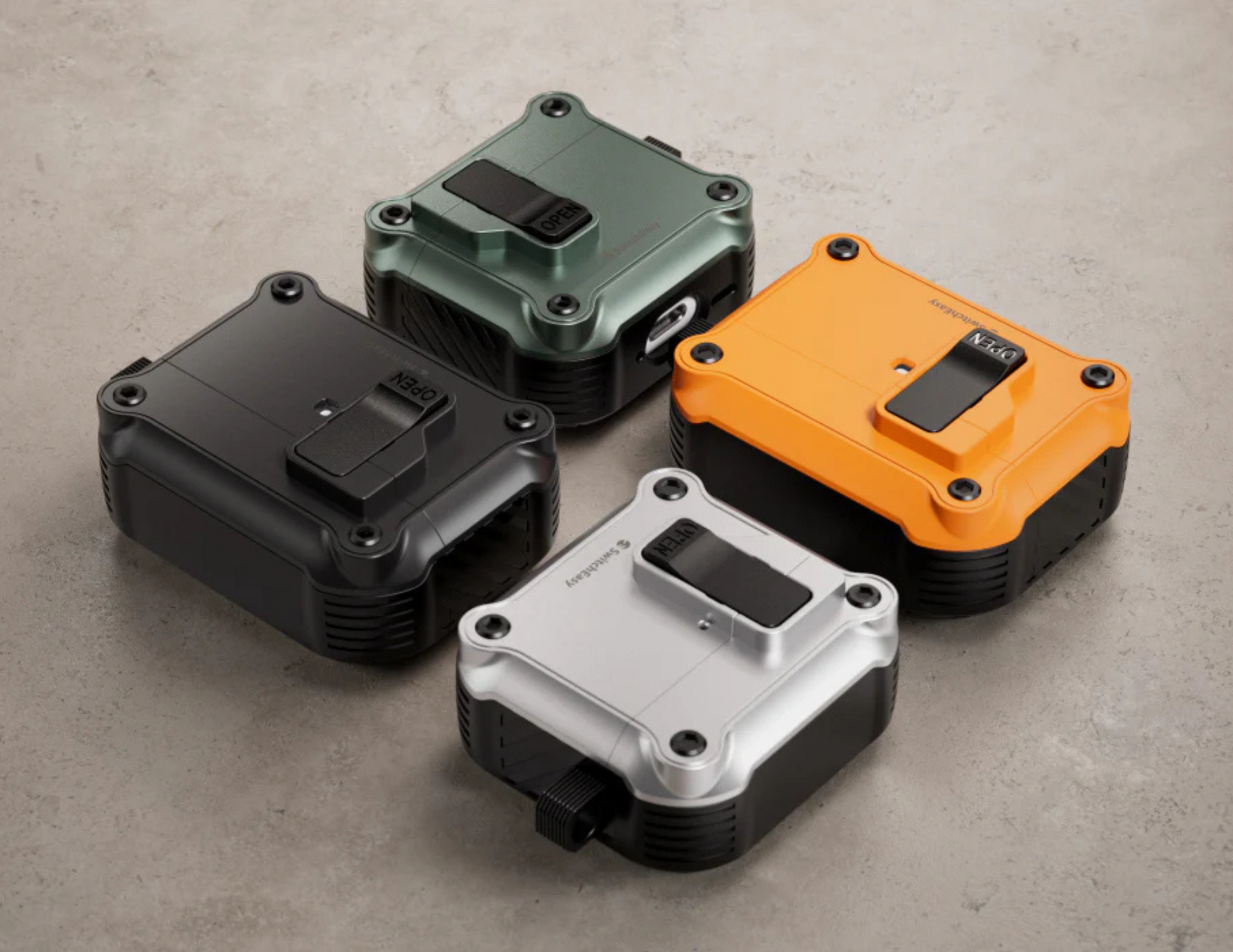 All four colors of SwitchEasy Rugged Shield AirPods 4 Case displayed together.