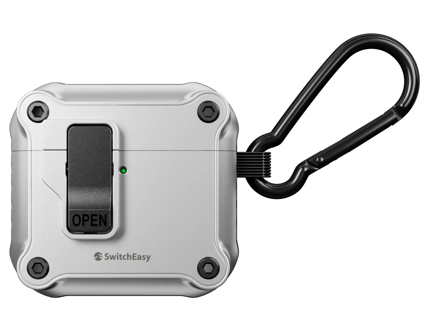 SwitchEasy Rugged Shield AirPods 4 Case in Satin Grey color with detachable carabiner.