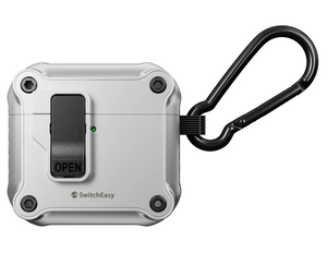 SwitchEasy Rugged Shield AirPods 4 Case in Satin Grey color with detachable carabiner.