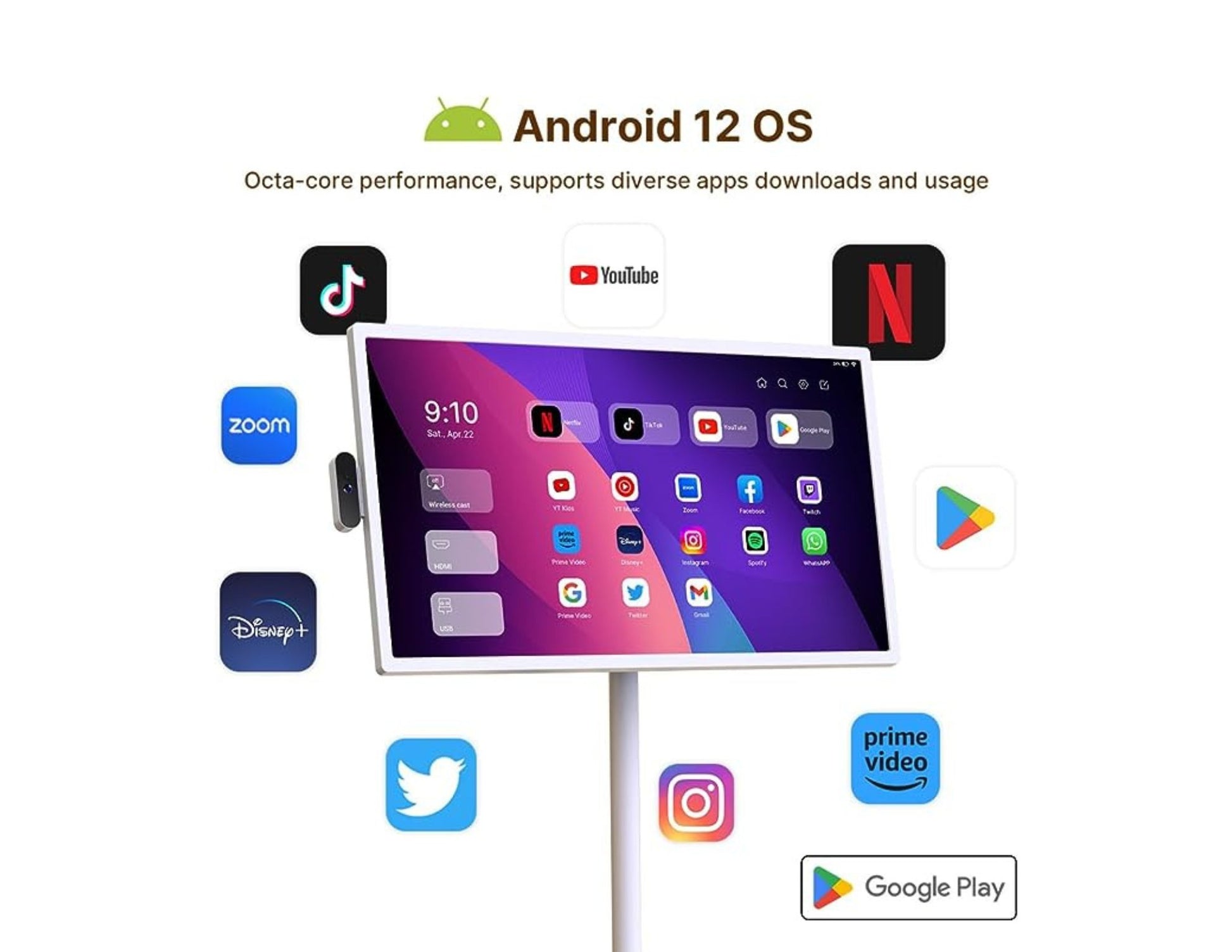 Taktik 32-inch portable smart screen with Android 12 and rotatable touch display