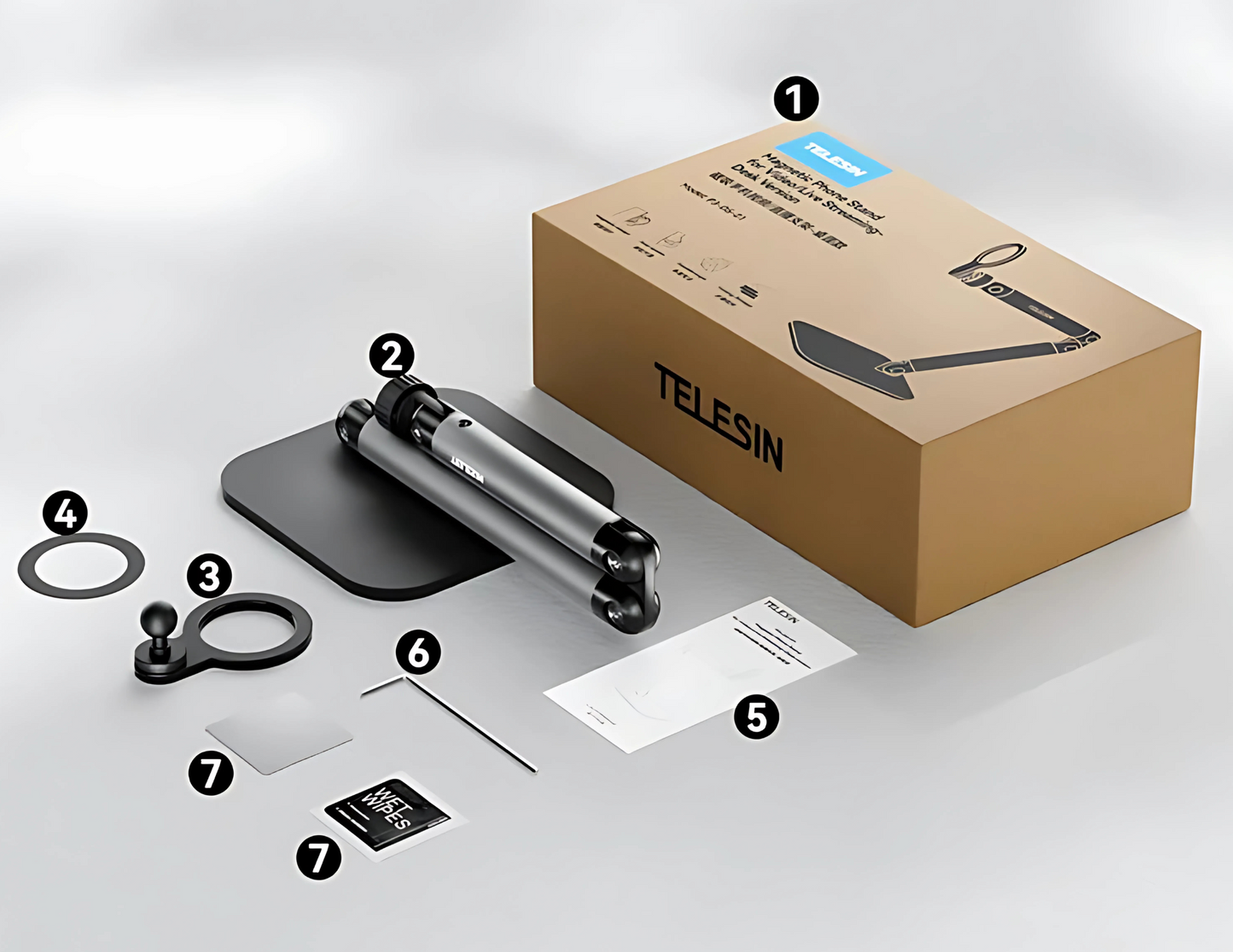 Packaging of TELESIN Magnetic Desktop Phone Stand P3-DS-01 showing its components