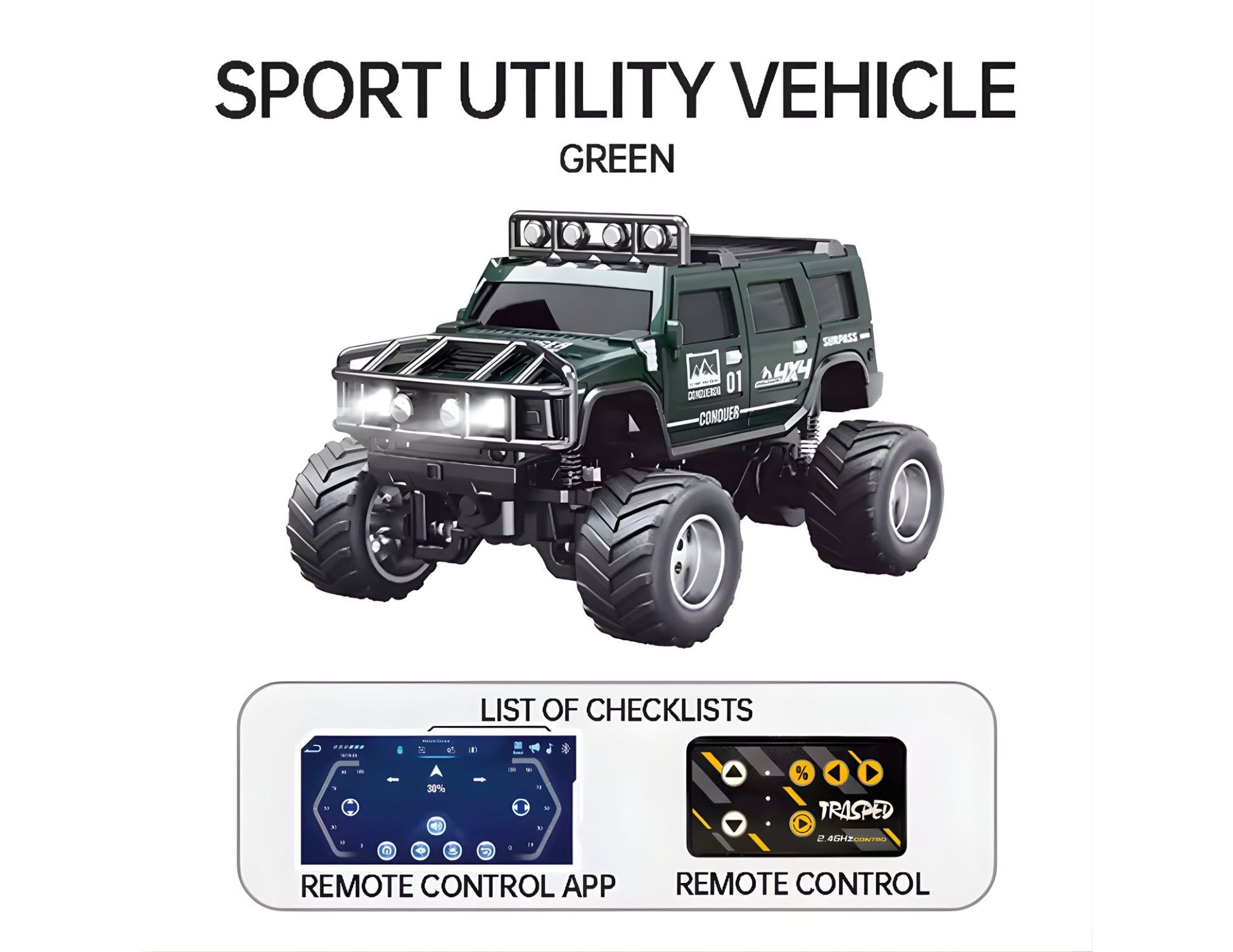 Trasped 1:64 alloy RC off-road model car with large tires and lights at Thabthaba Store Qatar.