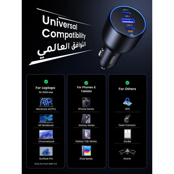 UGREEN EC705 130W 3-port fast car charger 100W USB-C PD Black Qatar