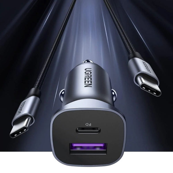 Ugreen CD130 dual-port car charger 30W USB-C PD and 22.5W USB-A SCP Space Grey Qatar